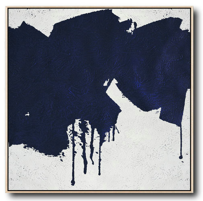 Abstract Painting Extra Large Canvas Art,Minimalist Navy Blue And White Painting,Unique Canvas Art #Z8Z1